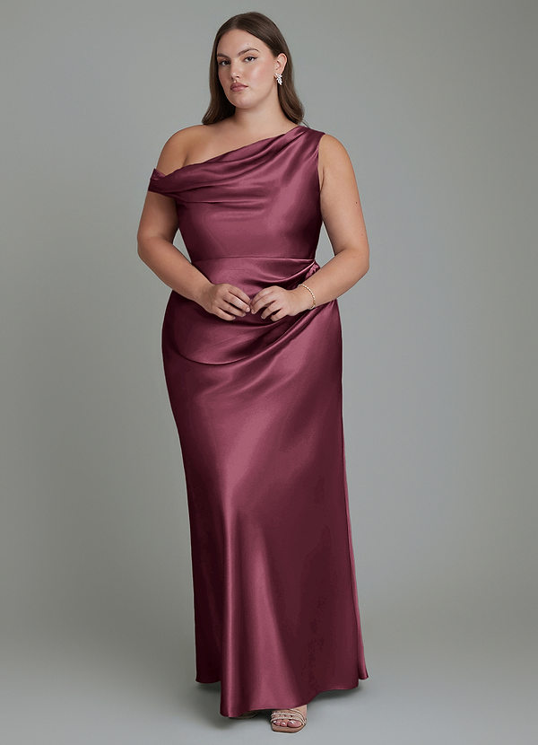 Azazie Emerson Bridesmaid Dresses Cabernet Mermaid Off the Shoulder Metallic Satin Dress image1