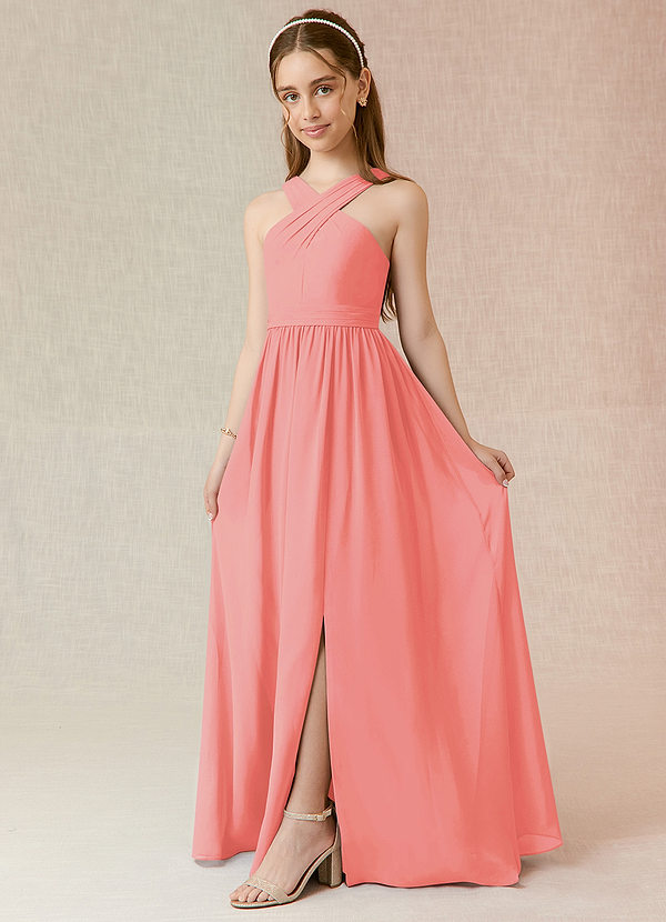 Azazie Jiya Junior Abito A-Line in Chiffon Plissettato Corallo image1