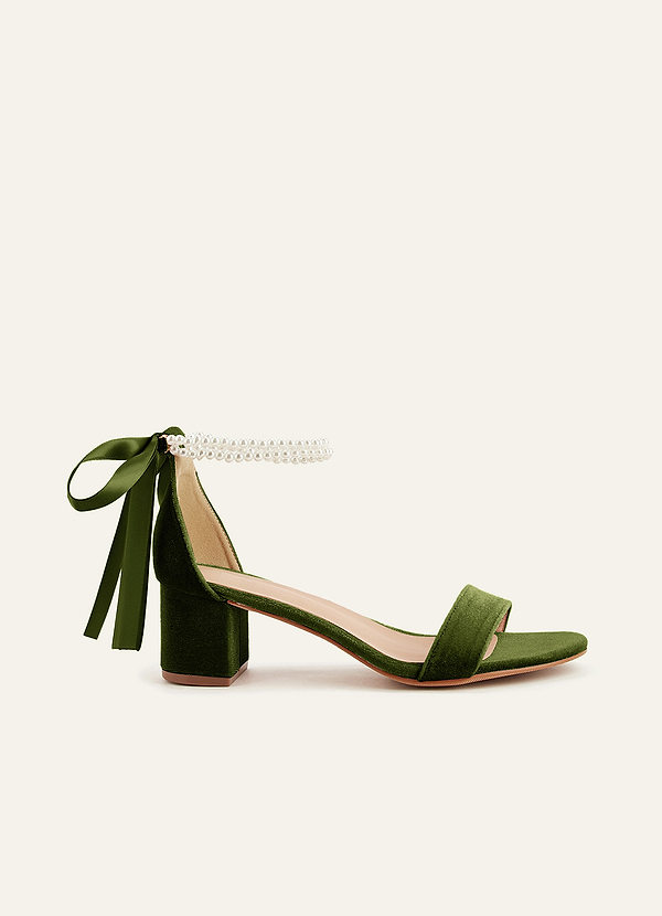 front Matching Color Velvet Pearl Strap Block Heel Sandals