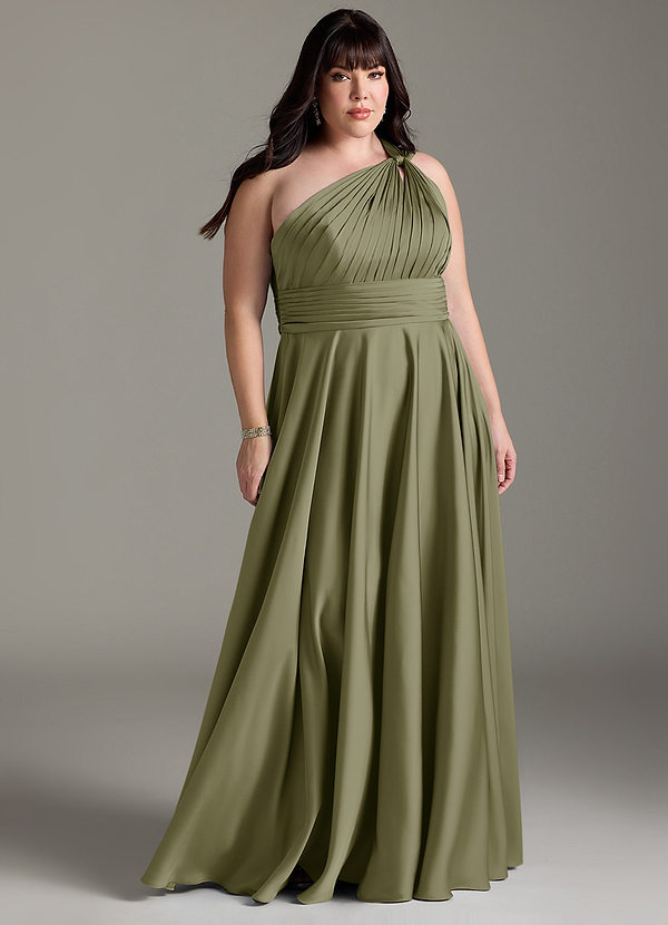 Azazie Charlize Robes Demoiselle d'honneur Robe Trapèze en Satin extensible Ue épaule Pistache image1