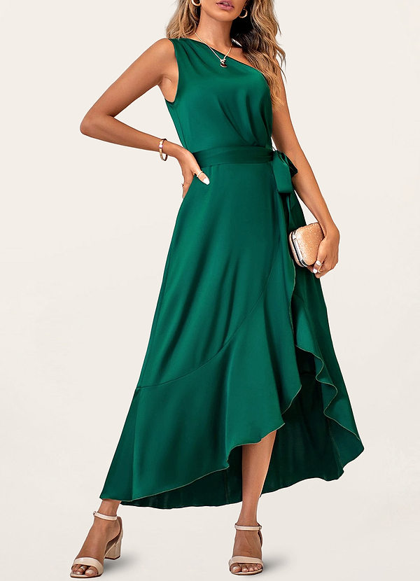 Arriv?�e s?�duisante ??meraude Sombre Robe mi-longue asym?�trique en satin ?� une ?�paule Robes | Azazie