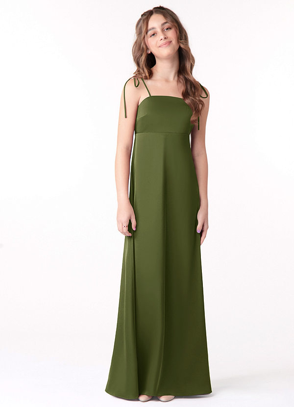 Azazie Violeta Junior Olive A-Line Bow Stretch Satin Dress image1