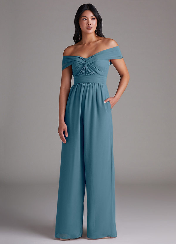 Azazie Lamara Bruidsmeisjes Jurken Converteerbaar Jumpsuit van Chiffon Off the Shoulder Bermuda image1