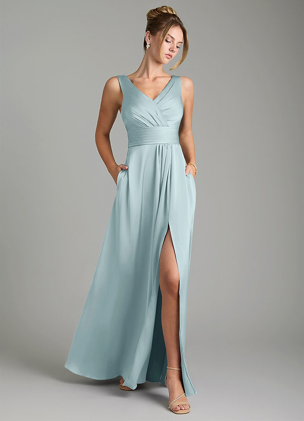 Azazie Karina Bridesmaid Dresses Mist A-Line Pleated Stretch Satin Dress image1