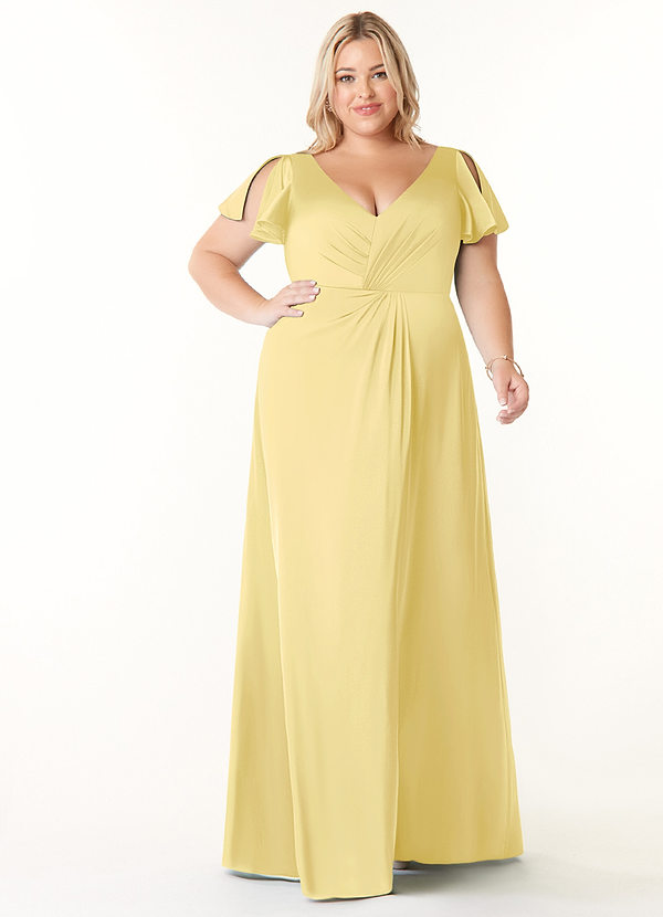 Azazie Soren Bridesmaid Dresses Lemon Sorbet A-Line Pleated Stretch Satin Dress image1