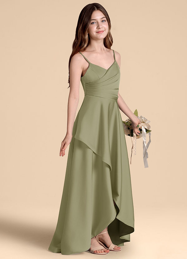 Azazie Prisha Junior Vestido de Pistacho de Satén Elástico de Corte en A con Plisado image1