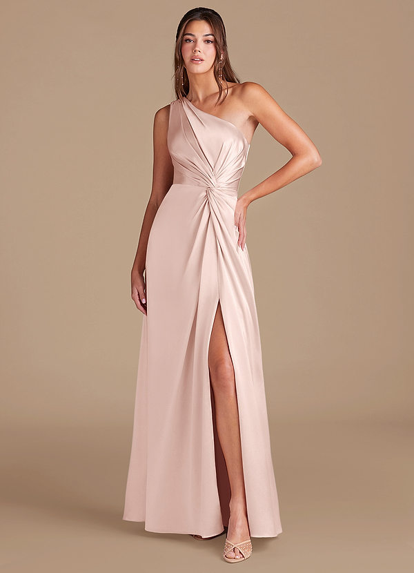 Azazie Brooke Bridesmaid Dresses Blushing Pink A-Line One Shoulder Metallic Satin Dress image1