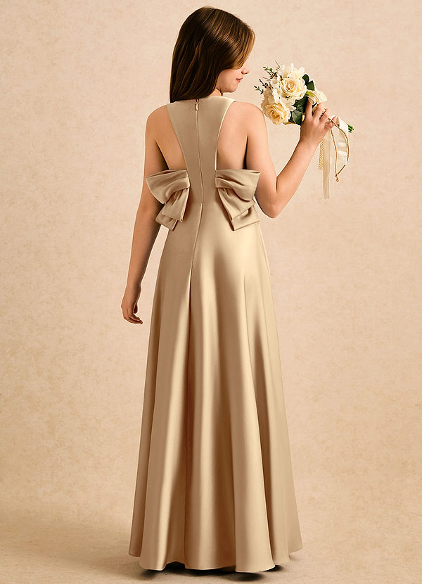 Azazie Nisha Girls Formal Blomsterpigekjoler A-Line Plisseret Stræk satin Gulv-længde Kjole image1