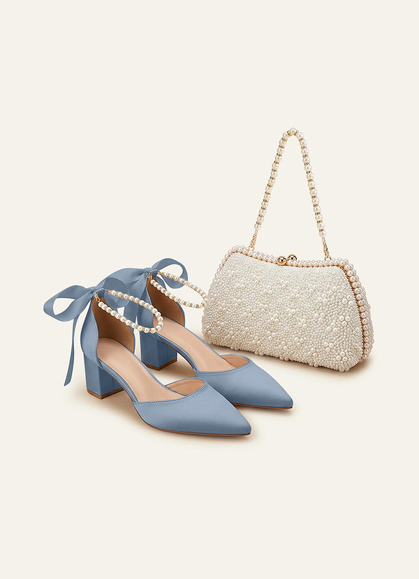 front Matching Color Matte Satin Pearl and Bow Pointed Toe Block Heels & Beaded Clutch Set