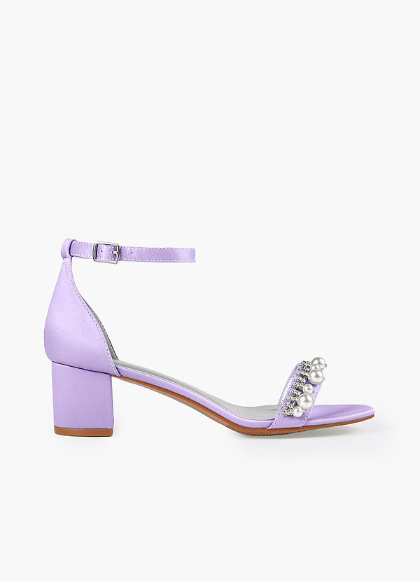 front Matching Color Matte Satin Pearl and Rhinestone Block Heel Sandals
