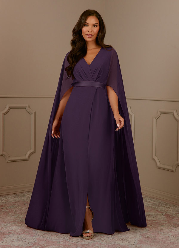 Azazie Isa Robe Mère de la Mariée & du Marié Robe Trapèze en Mousseline de soie Col V plissé Prune image1