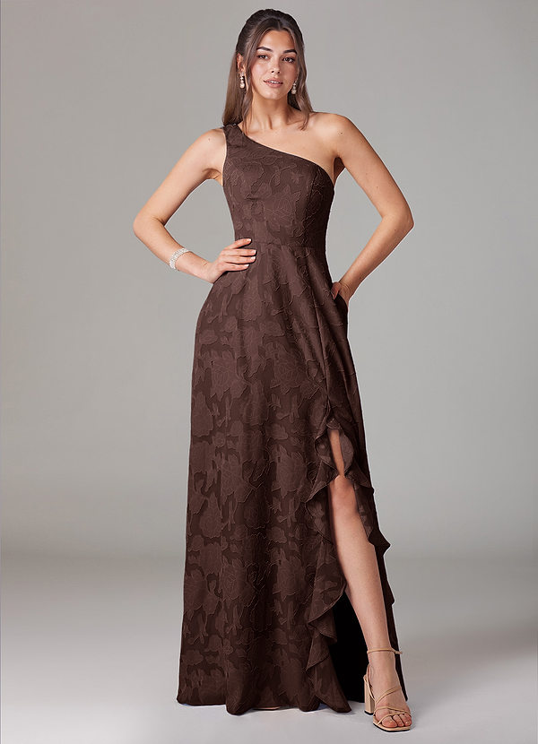 Azazie Ellianna Bridesmaid Dresses Ganache A-Line One Shoulder Floral Burnout Dress image1
