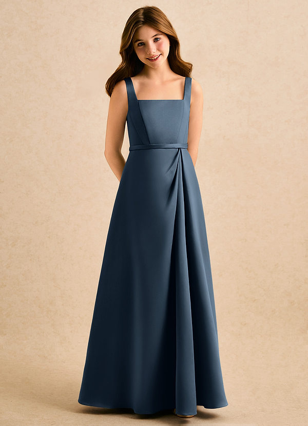 Azazie Emiko Girls Formal Sukienki dla dziewczynek sypiących kwiaty Linia A Pofałdowany Matowy satynowy Długość podłogi Sukienka image1