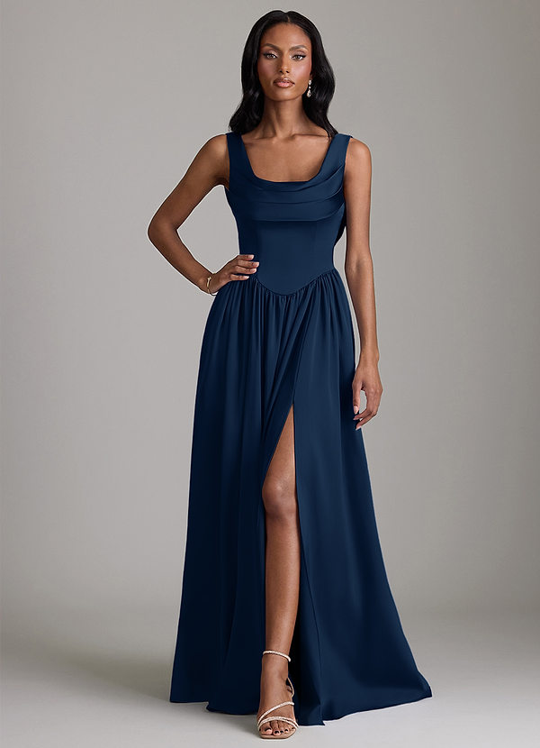 Azazie Novi Bridesmaid Dresses Dark Navy A-Line with Pockets Stretch Satin Dress image1