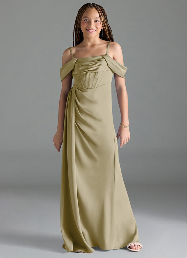 Azazie Amyra Junior Moss Green Sheath Off the Shoulder Stretch Satin Dress image1