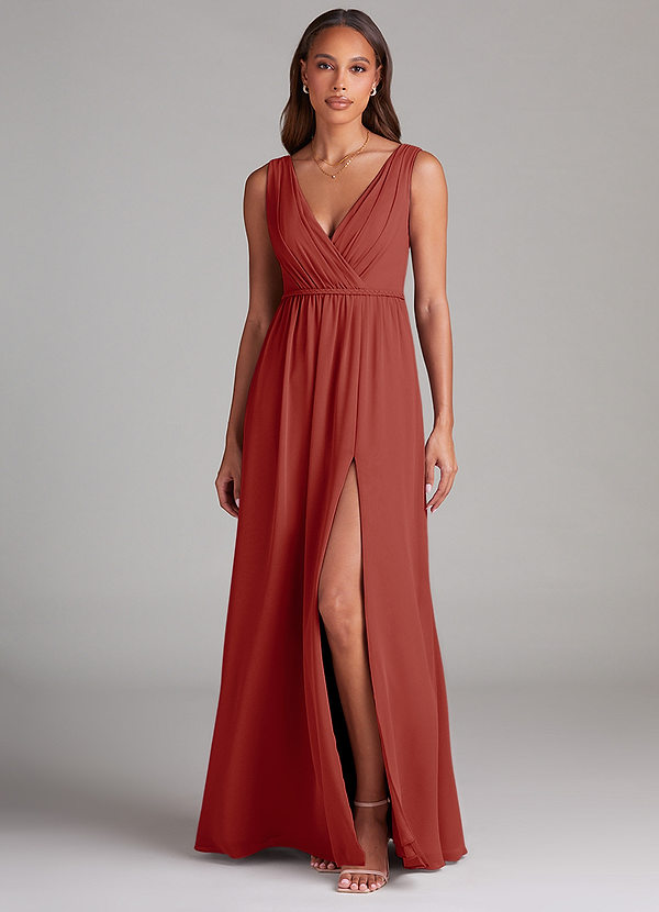 Azazie Tanicia Robes Demoiselle d'honneur Robe Trapèze en Mousseline de soie Plissée Terracotta image1