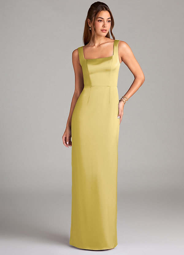 Azazie Flori Bridesmaid Dresses Canary Sheath Side Slit Stretch Satin Dress image1