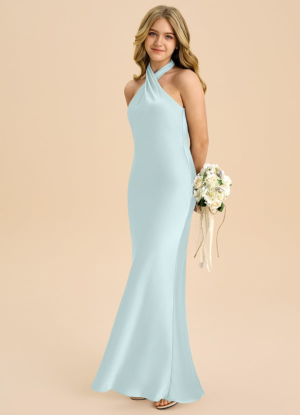 Azazie Chickie Junior Robe Fourreau en Satin extensible Plissée Verre De Mer image1