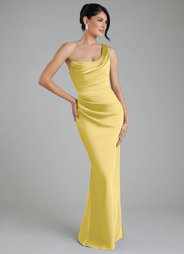Azazie Sabrina Bridesmaid Dresses Canary Mermaid Corset Stretch Satin Dress image1