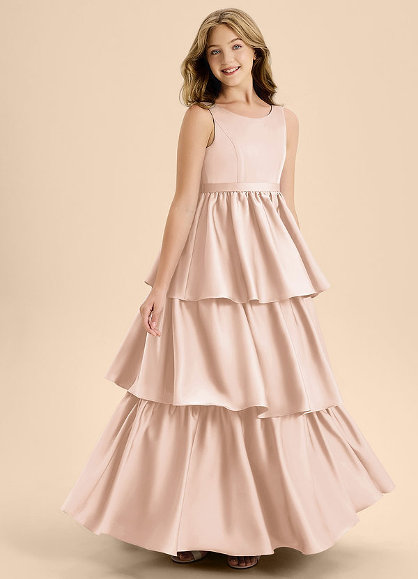 Azazie Meadowyn Junior Abito A-Line in Raso Elasticizzato Fiocco Rosa Rossore image1