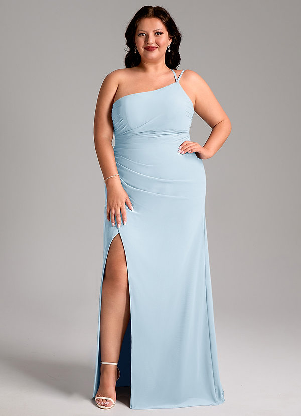 Azazie Eren Robes Demoiselle d'honneur Robe Fourreau en Mousseline de soie Ue épaule Bleu Ciel image1