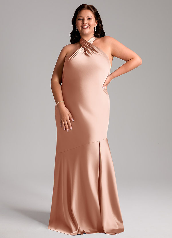 Azazie Lorena Robes Demoiselle d'honneur Robe Sirène en Satin extensible Plissée Or Rose image1