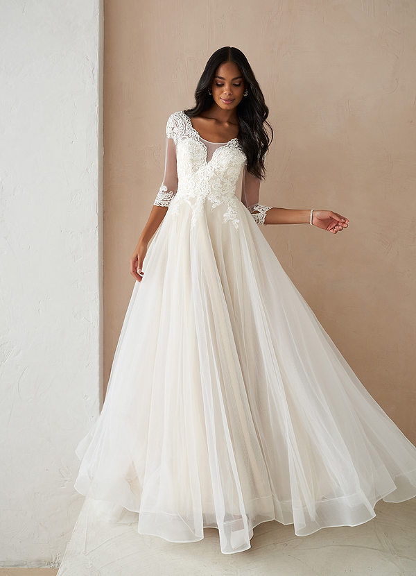 Azazie Sandoval Wedding Dresses A-Line Lace Tulle Sweep Train Dress image1
