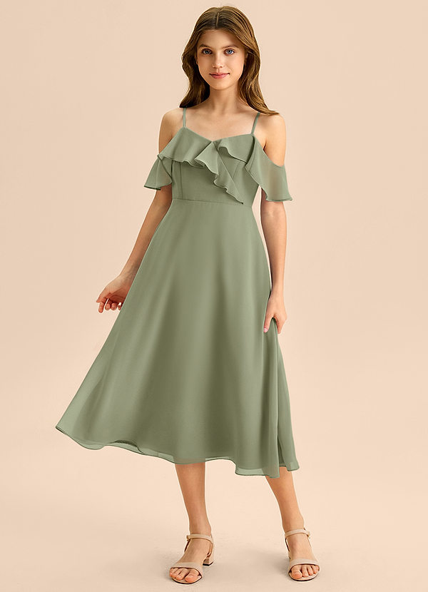Azazie Kamilla Junior Abito A-Line in Chiffon a Spalla Scoperta Pistacchio image1
