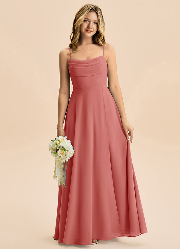 Azazie Bear Junior A라인 주름진 쉬폰 플로어 길이 주니어 신부 들러리 드레스 image1