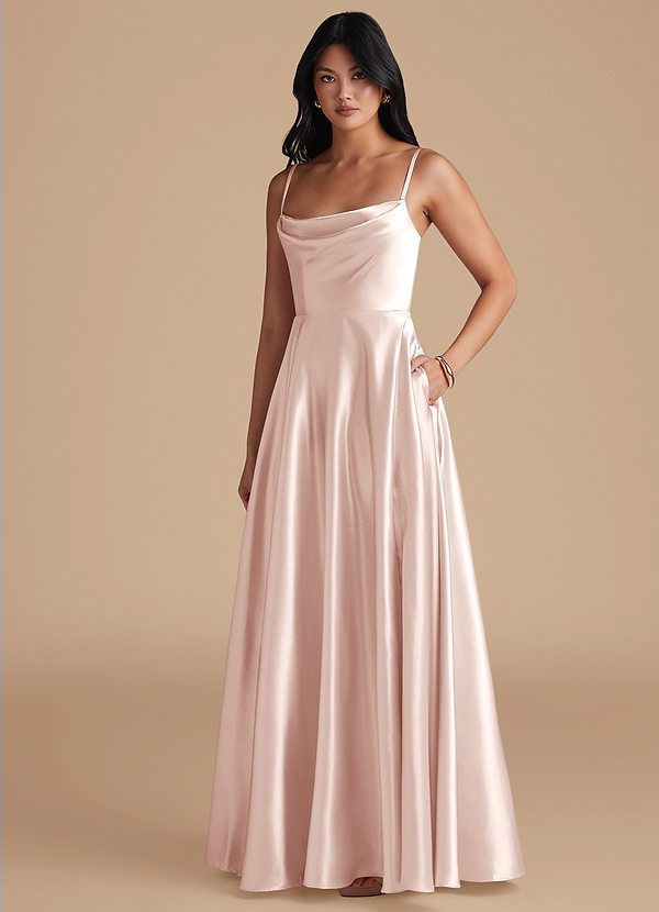 Azazie Elle Bridesmaid Dresses Blushing Pink A-Line with Pockets Metallic Satin Dress image1