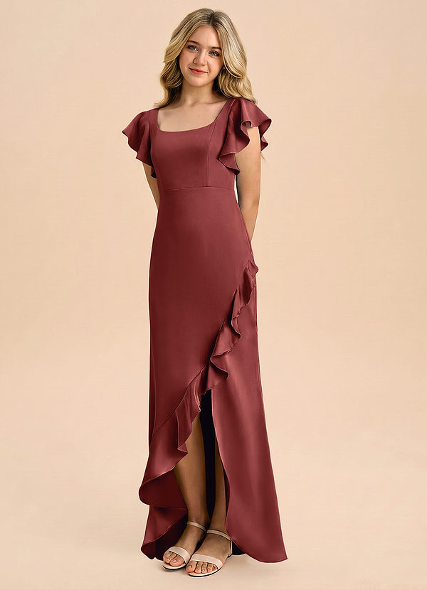 Azazie Demi Junior Terracotta Mermaid Bow Stretch Satin Dress image1