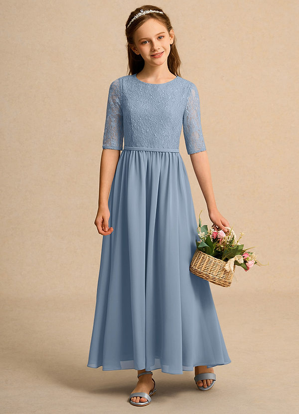 Azazie Pippin Girl Robes de Fillette d'Honneur Robe Trapèze en Dentelle Bleu Poussiéreux image1