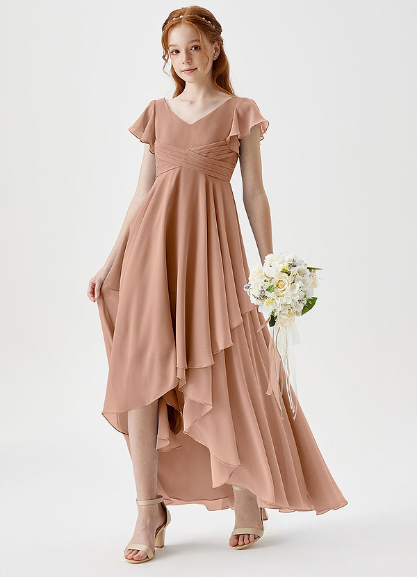 Azazie Caria Junior Champagne Rose A-Line Pleated Chiffon Dress image1