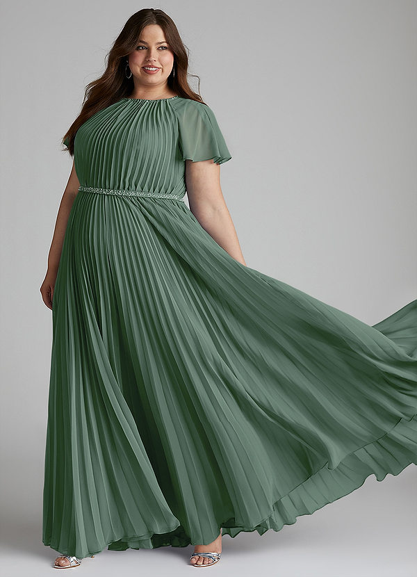 Azazie Kara Modest Bridesmaid Dresses A-Line Pleated Chiffon Floor-Length Dress image1