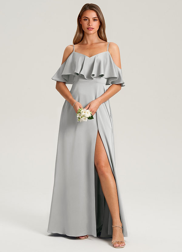 Azazie Jean Bridesmaid Dresses Silver A-Line Off the Shoulder Stretch Satin Dress image1