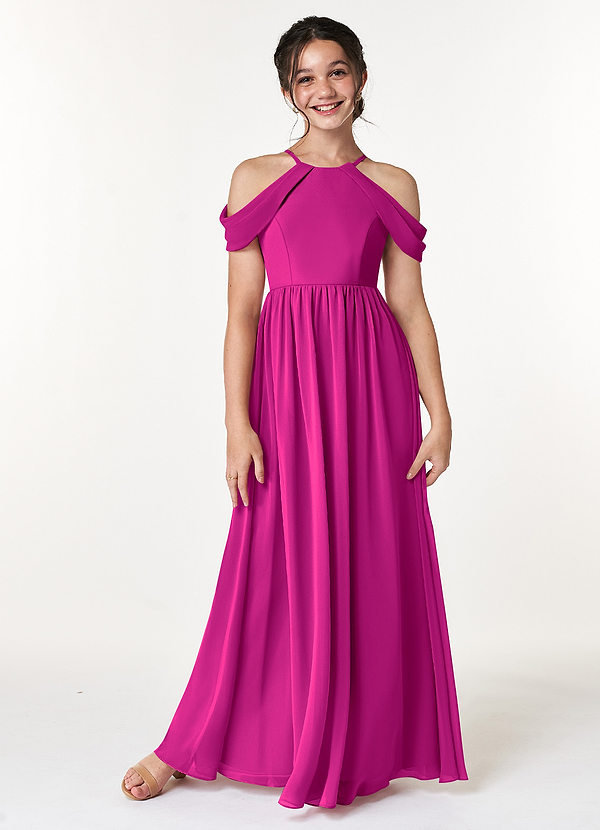 Azazie Seneca Junior Fuchsia A-Line Off the Shoulder Chiffon Dress image1