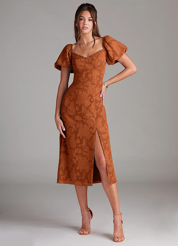 Azazie Evalina Bridesmaid Dresses Burnt Orange Sheath Sweetheart Neckline Floral Burnout Dress image1