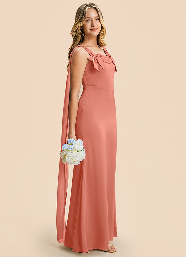 Azazie Chelsea Junior Salmon Pink Sheath Pleated Stretch Satin Dress image1