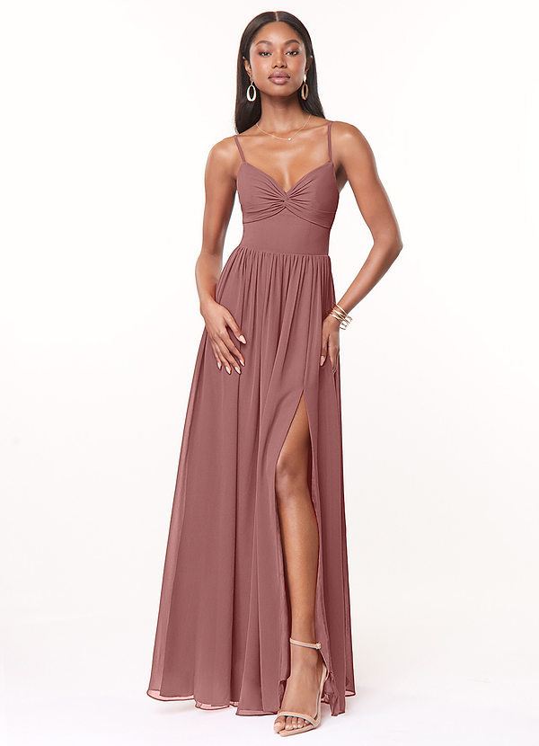 Azazie Zeya Bridesmaid Dresses Desert Rose A-Line V-Neck Pleated Chiffon Dress image1