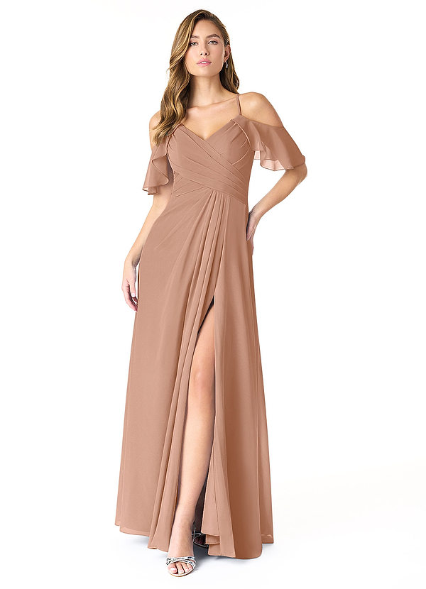 Azazie Dakota Bridesmaid Dresses Champagne Rose A-Line V-Neck Pleated Chiffon Dress image1