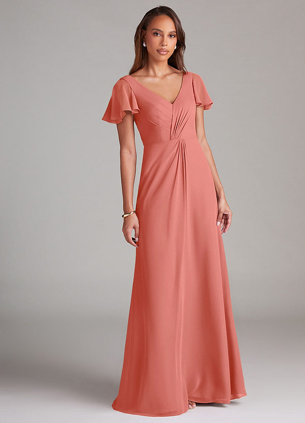 Azazie Soren Bridesmaid Dresses Salmon Pink A-Line Ruched Chiffon Dress image1