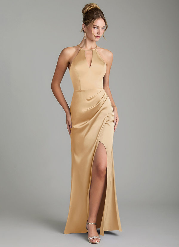 Azazie Aidyn Robes de demoiselle d'honneur Robe Fourreau en Satin extensible Plissé Or image1