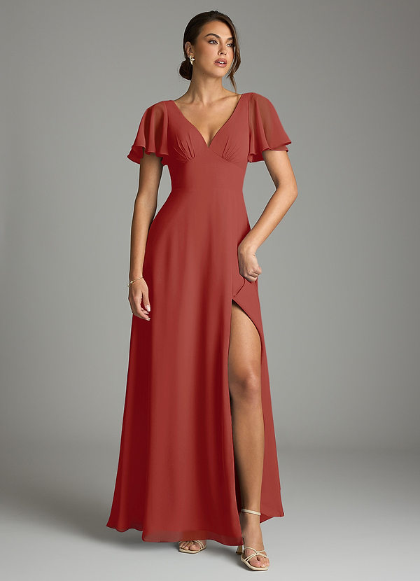 Azazie Kimber Bridesmaid Dresses Terracotta A-Line Flounce Sleeve Chiffon Dress image1