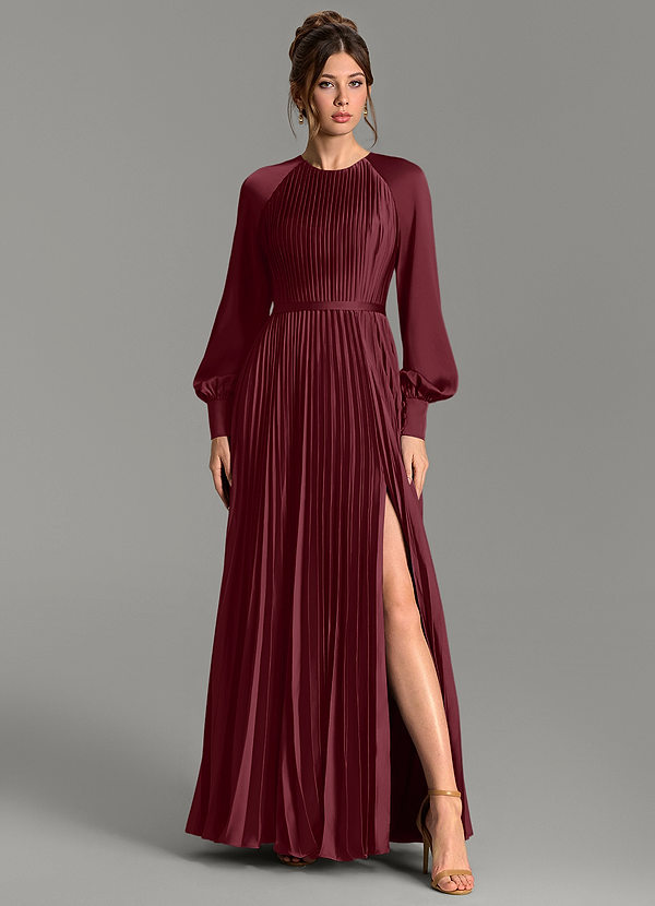 Azazie Grayson Abiti da Damigella Abito A-Line in Raso Elasticizzato Maniche Lunghe Cabernet image1