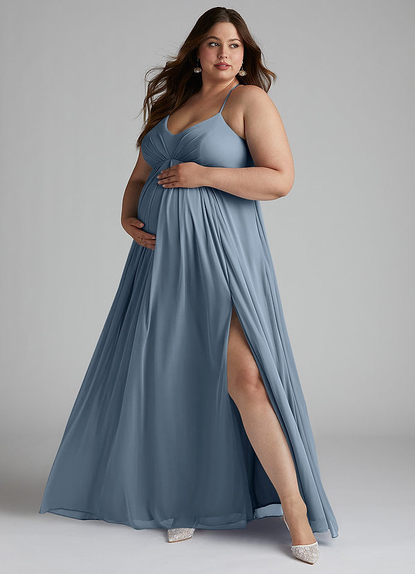 Azazie Annabelle Vestidos de dama de honor de maternidad Vestido de Corte En A Cuello en V plisado Hasta el suelo Malla image1