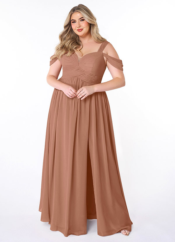 Azazie Lianne Robes Demoiselle d'honneur Robe Trapèze en Mousseline de soie Épaule décolletée Bronze image1