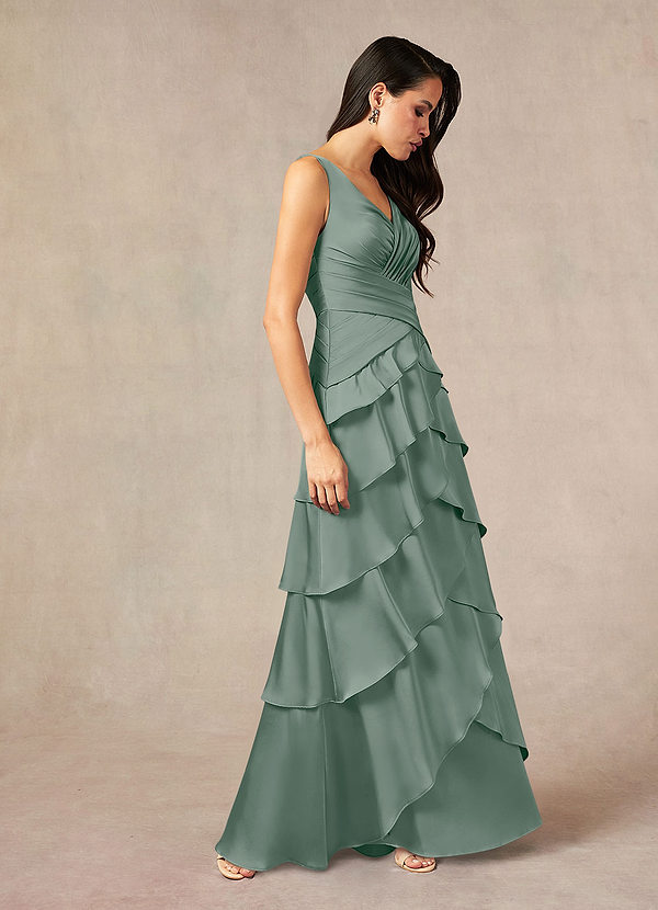 Azazie Viola Mother of the Brides Dresses Silver Sage A-Line Pleated Stretch Satin Dress image1