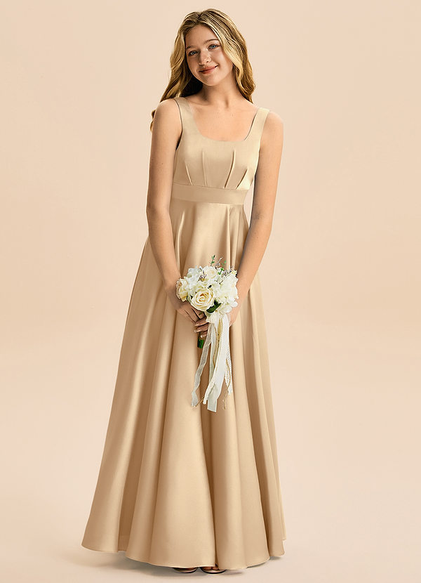 Azazie Gabby Junior Jurk van Stretch Satijn met A-Lijn Geplooid Champagne image1