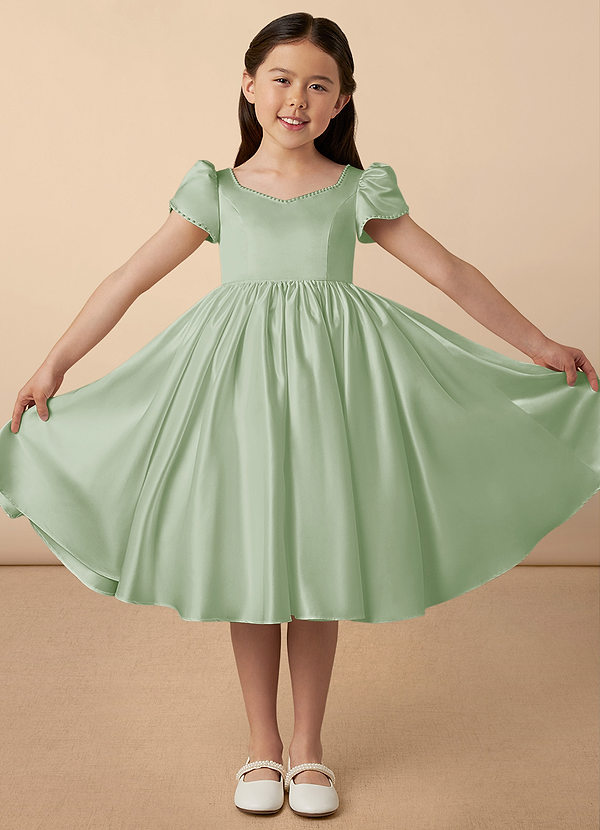 Azazie Juno Flower Girl Dresses Dusty Sage A-Line Sweetheart Neckline Matte Satin Dress image1