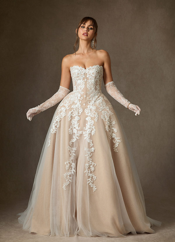 Azazie Sonnet Wedding Dresses Diamond White Champagne Ball-Gown Strapless Lace Dress image1